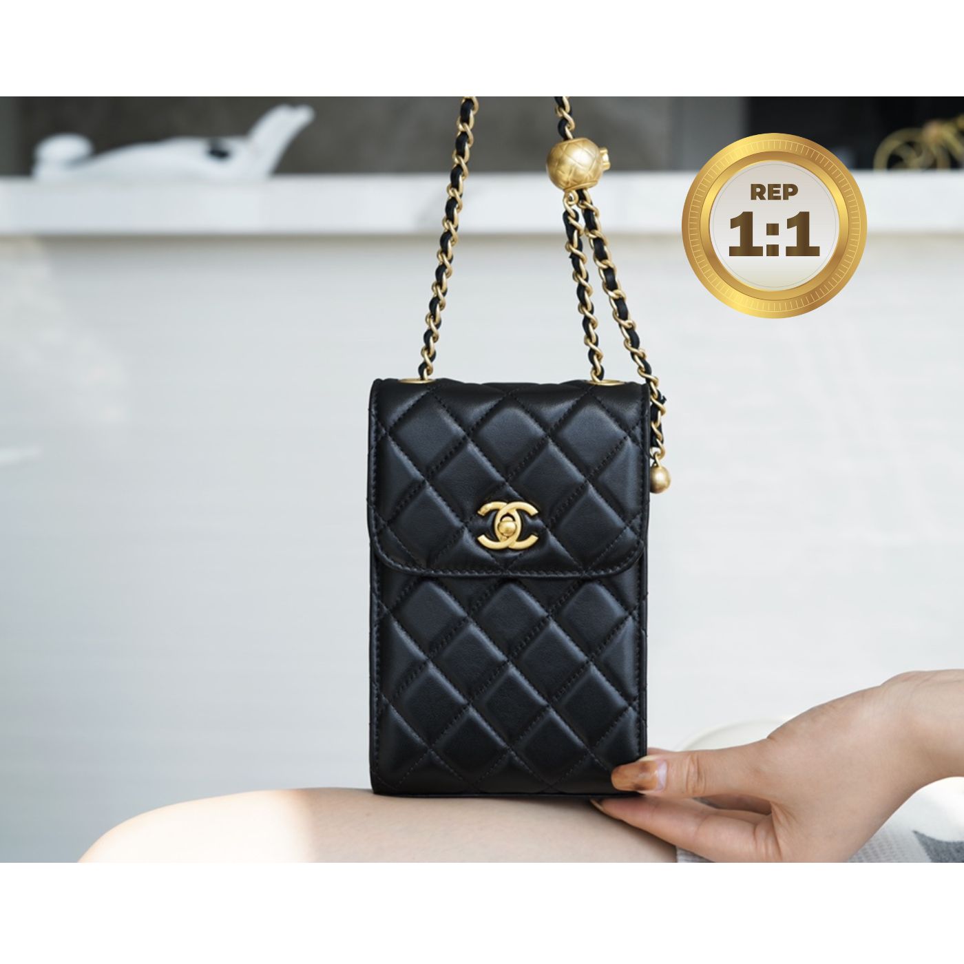 [REP 1:1] Chanel Quilted Phone Holder Bag Black For Women 17cm/6.6in